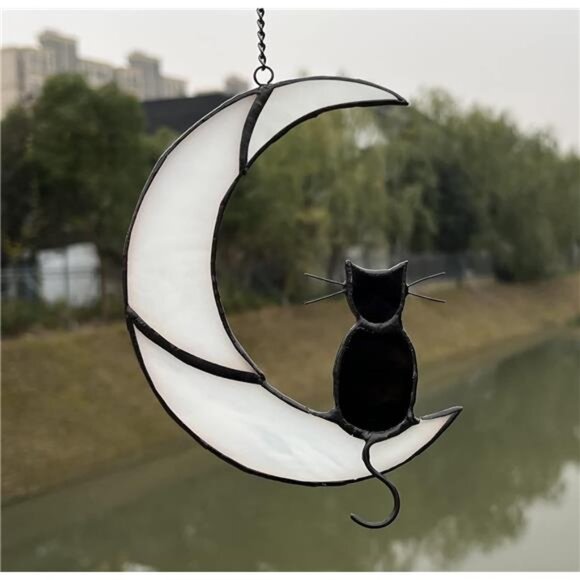 Black Cat Decor On White Moon Stained Glass Window Hanging - Picture 2 of 8